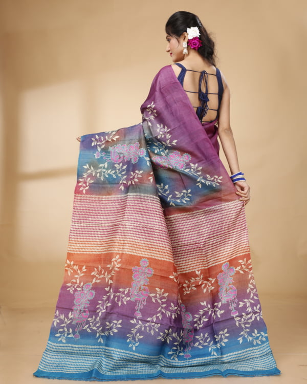 Nakshipar Purple Base Multicolour Floral Desigh Tussar Saree