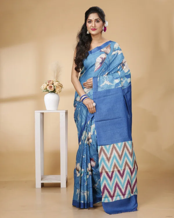 Nakshipar Blue Base Multicolour Tussar Saree