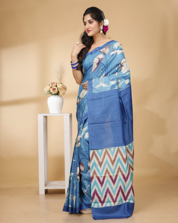 Nakshipar Blue Base Multicolour Tussar Saree