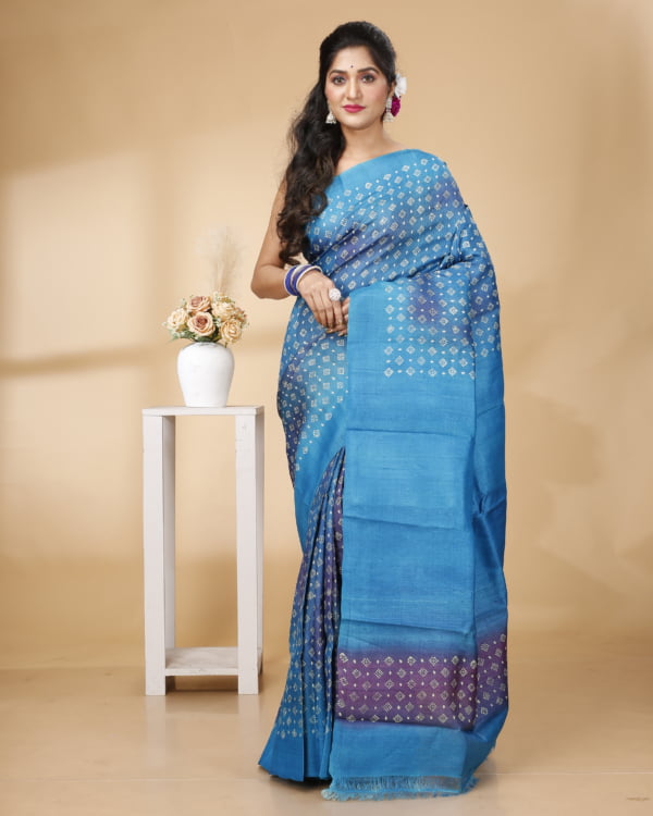 Nakshipar Sky Blue, Royal Blue, Purple allover buta design Tussar Saree