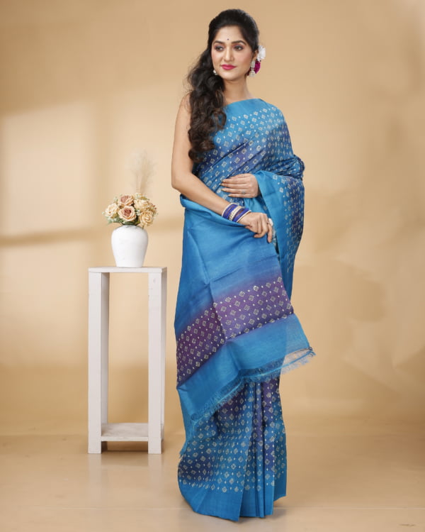 Sky Blue, Royal Blue, Purple Allover Buta Design Tussar Saree