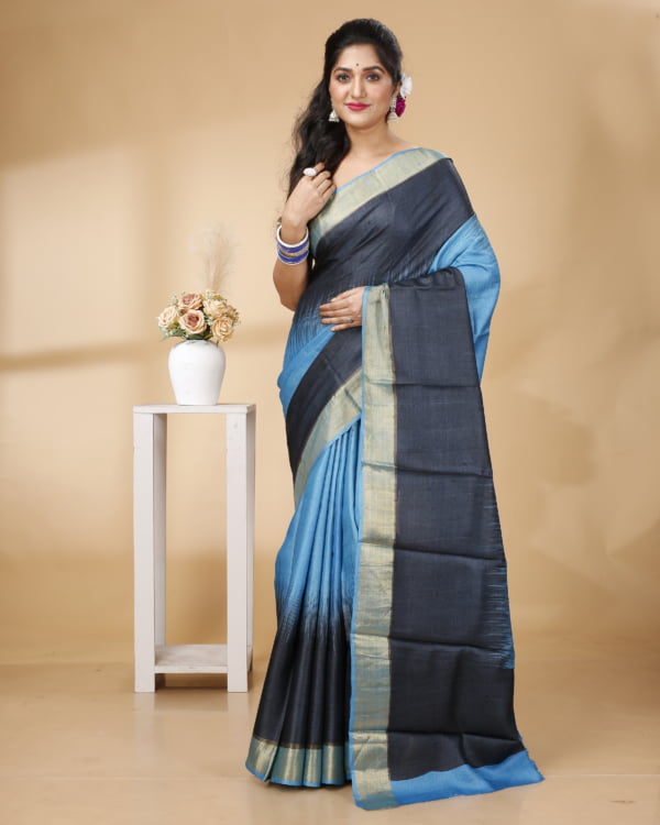 Nakshipar Blue and Black Striped Zari Border Tussar saree with Black Pallu