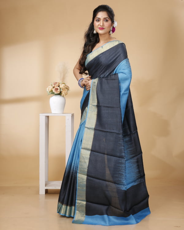 Blue And Black Striped Zari Border Tussar Saree with Black Pallu