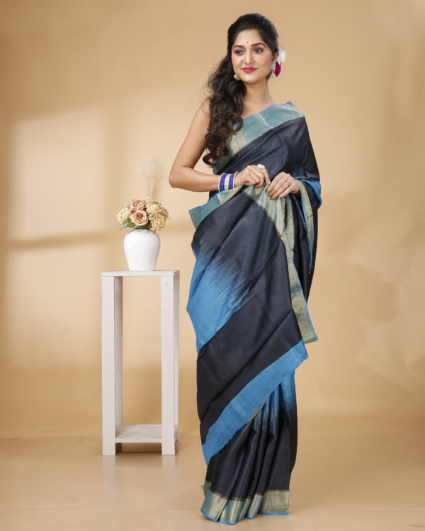 Blue And Black Striped Zari Border Tussar Saree with Black Pallu