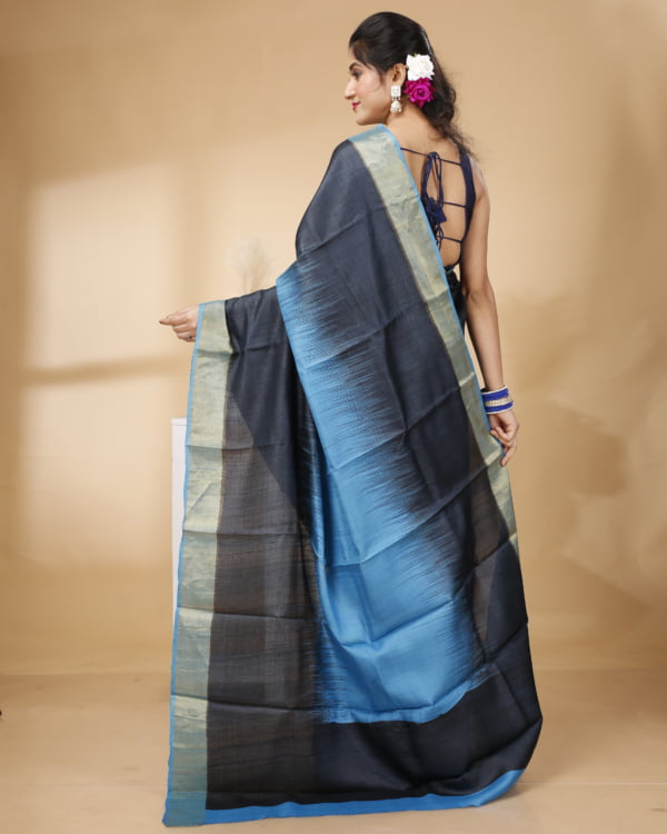 Blue And Black Striped Zari Border Tussar Saree with Black Pallu