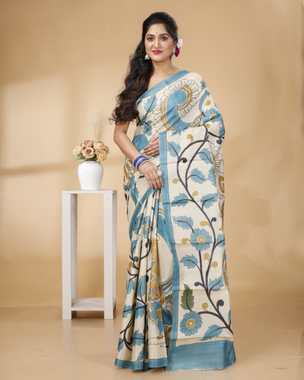 Nakshipar Blue Border Handpainted Kalamkari Design Tussar saree