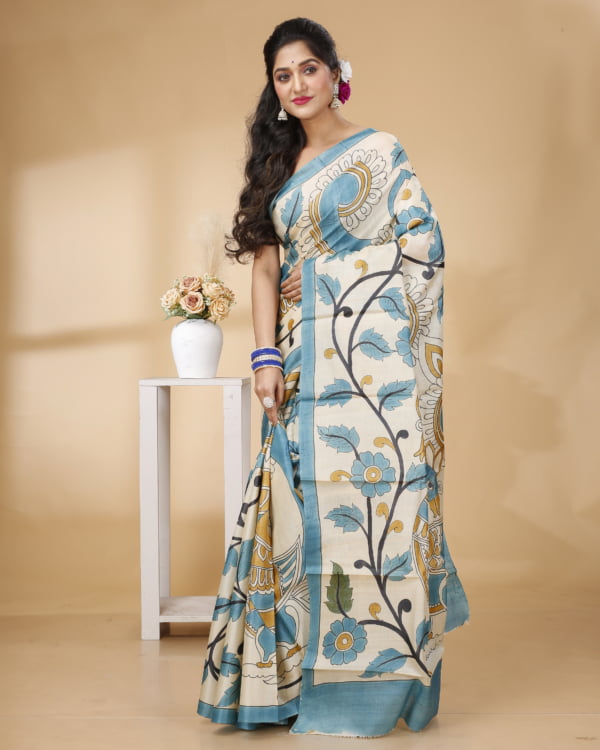 Blue Border Handpainted Kalamkari Design Tussar Saree