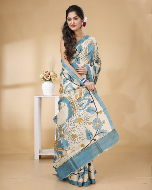 Blue Border Handpainted Kalamkari Design Tussar Saree