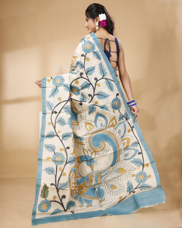 Nakshipar Blue Border Handpainted Kalamkari Design Tussar saree