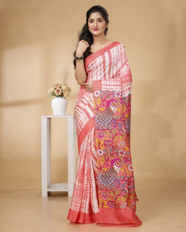 Nakshipar Peach Colour Shivori print with Multicolour Kalamkari Pallu Silk Saree