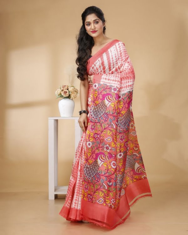 Nakshipar Peach Colour Shivori print with Multicolour Kalamkari Pallu Silk Saree