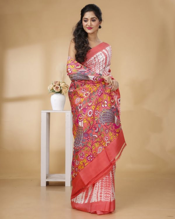 Peach Colour Shivori Print with Multicolour Kalamkari Pallu Saree