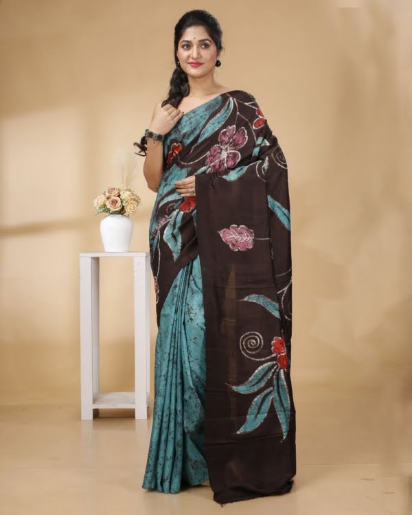 Sea Green Batikn Crack with Multicolour Pallu