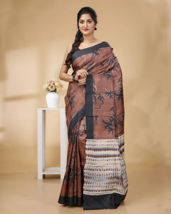 Nakshipar Black Border Deep Brown with Black pagely design and Shuivori pallu Tussar saree