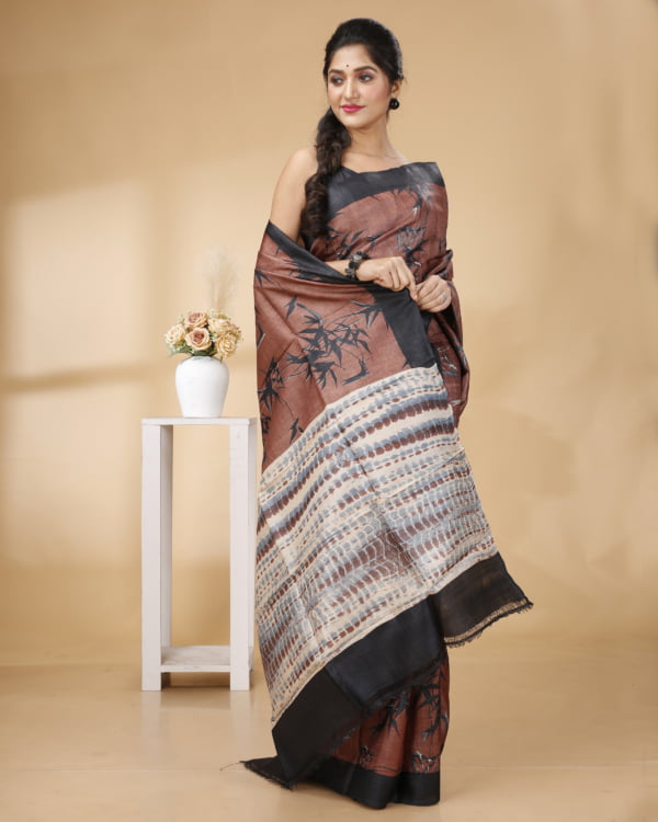 Nakshipar Black Border Deep Brown with Black pagely design and Shuivori pallu Tussar saree