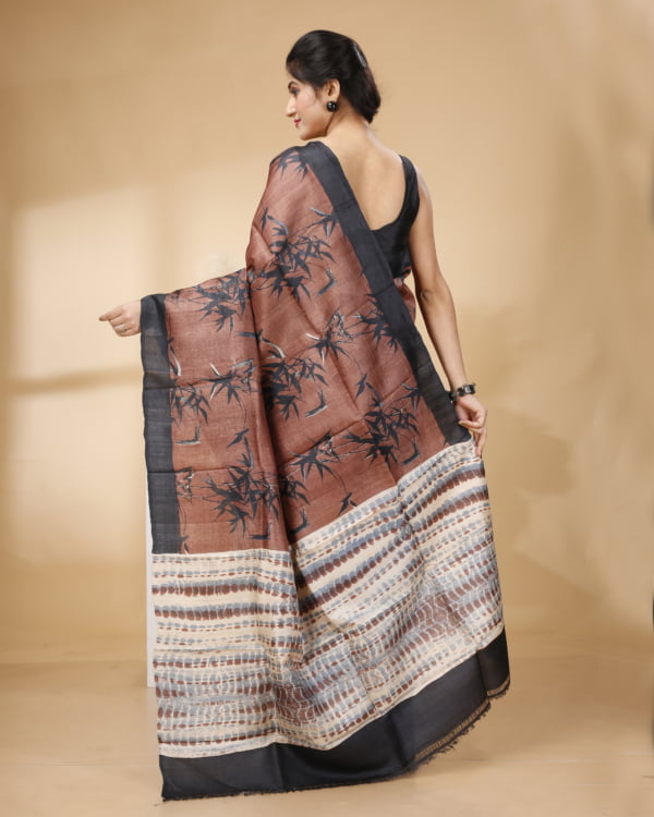 Black Border Deep Brown with Black Pagely Design and Shuivori Pallu Tussar Saree