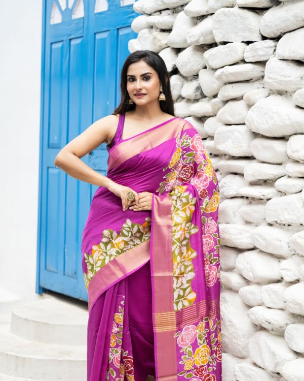 Nakshipar's Yellow, Red, Pink with Green Leaf In Fine Art Batik on Magenta Zari Border Chanderi Silk Saree