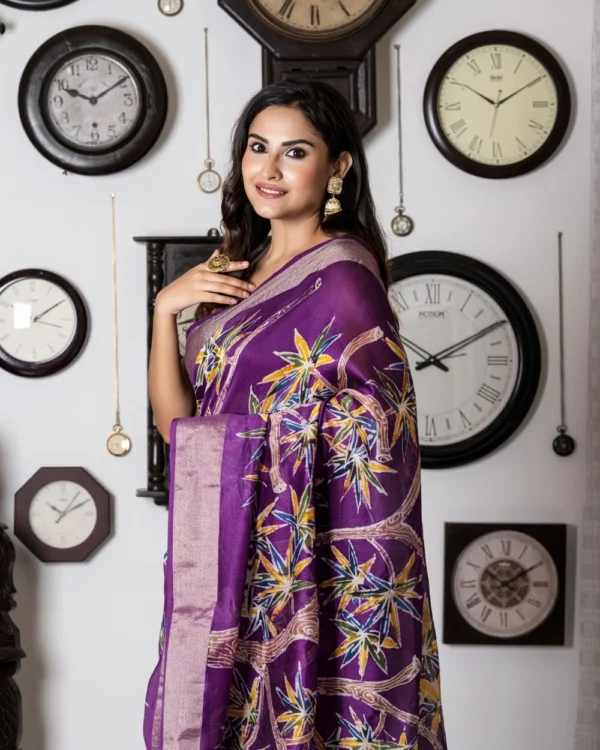 Nakshipar's Multicolour Fine Art Abstract batik on Violet Zari Border Chander Silk Saree