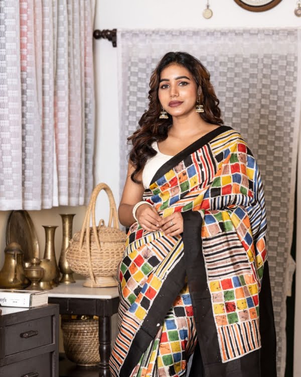 Fine Art Multicolour Abstract Batik on Black Colour 3 Ply Murshidabad Silk Saree