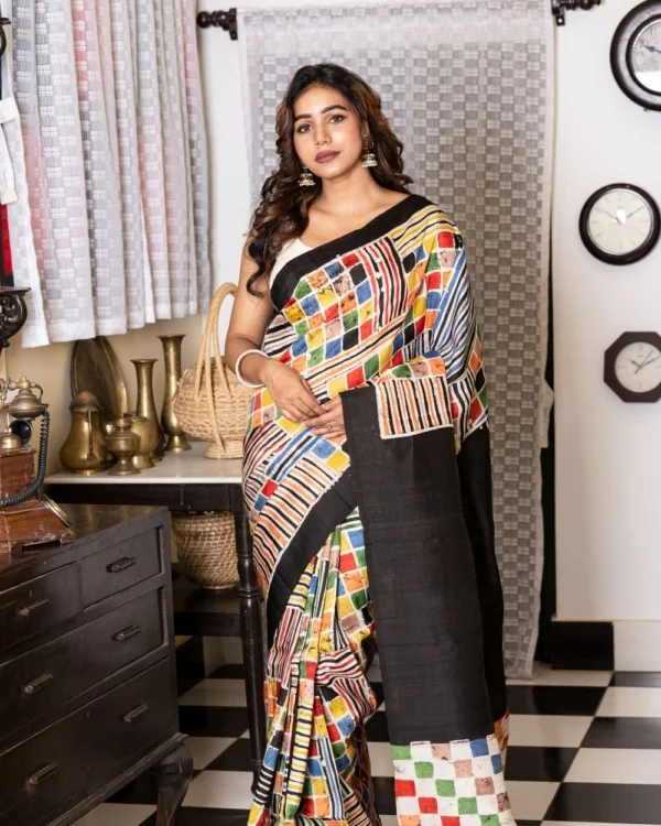 Fine Art Multicolour Abstract Batik on Black Colour 3 Ply Murshidabad Silk Saree