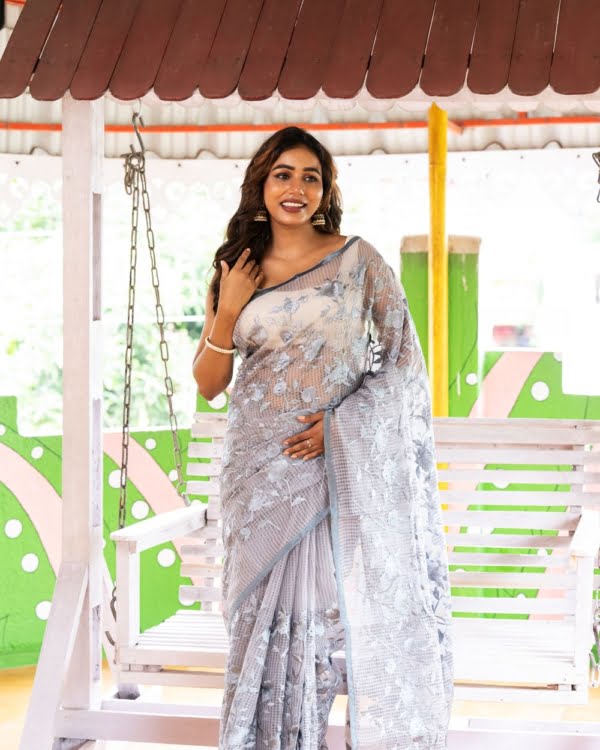 Nakshipar's Gray Parsi Embroidery on Gray Colour Resham Kota Saree