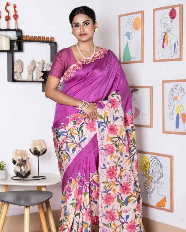 Floral Batik in Pink, Green, Yellow, Blue on Magenta 3 Ply Murshidabad Silk Saree