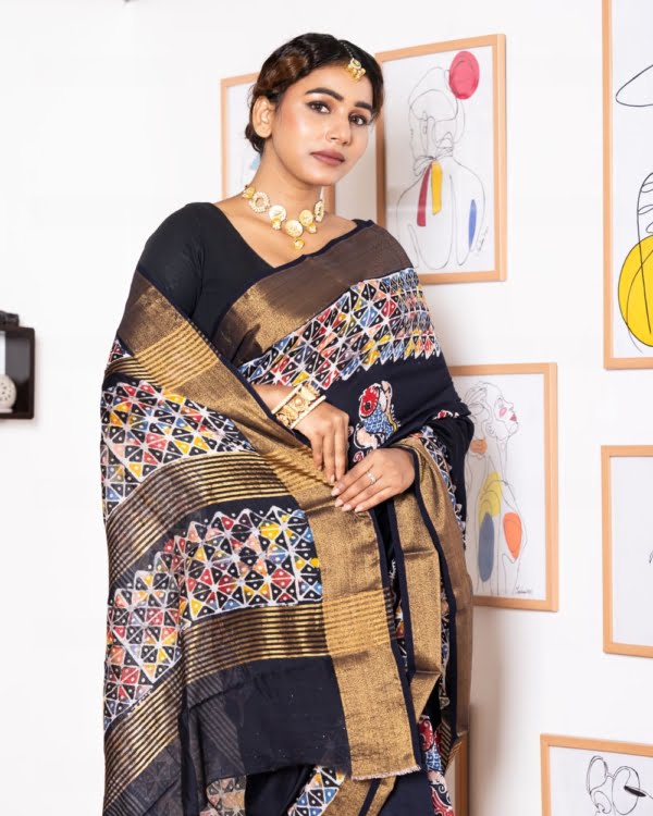 Nakshipar's Multicolour Abstract Batik Border with Fish motif on blue colour Zari Border Chanderi Silk