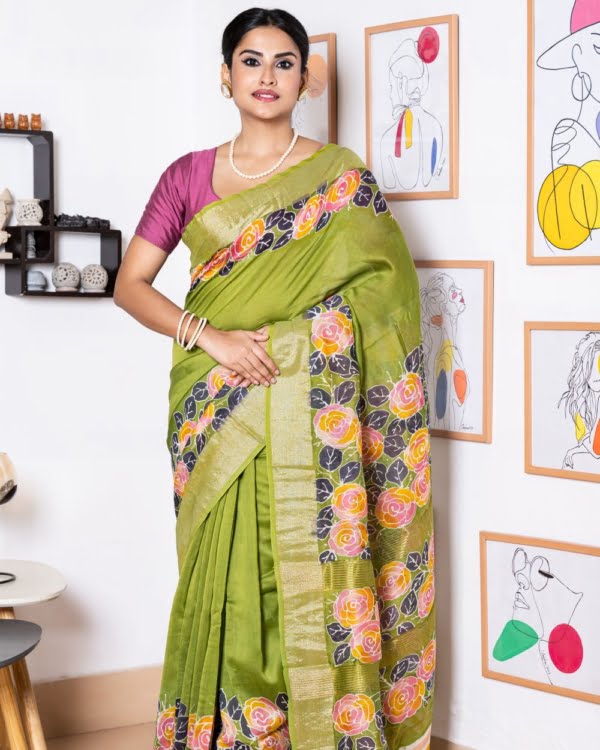 Nakshipar's Multicolour Floral Batik on Green Zari Border Chanderi Silk Saree