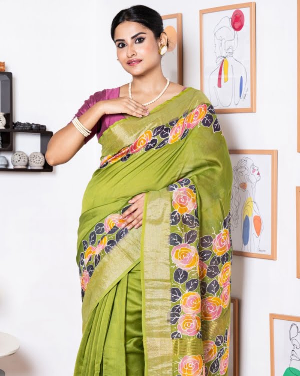 Nakshipar's Multicolour Floral Batik on Green Zari Border Chanderi Silk Saree