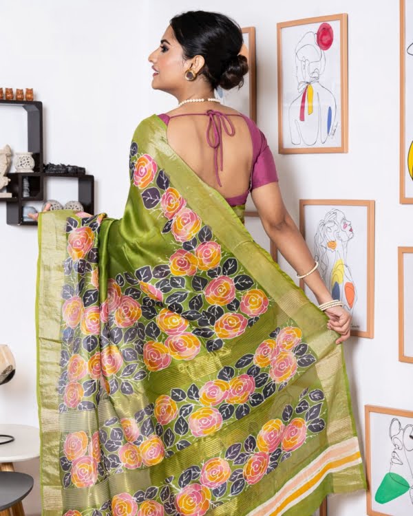 Nakshipar's Multicolour Floral Batik on Green Zari Border Chanderi Silk Saree