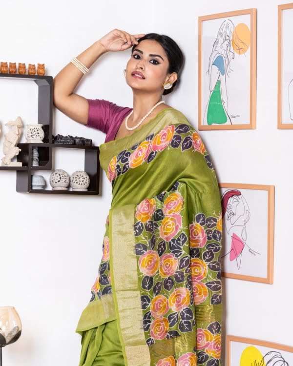 Nakshipar's Multicolour Floral Batik on Green Zari Border Chanderi Silk Saree