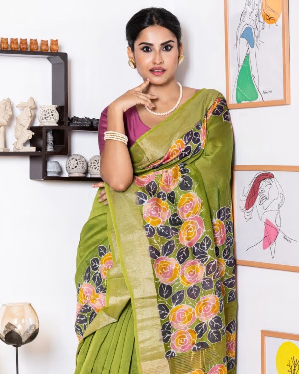 Nakshipar's Multicolour Floral Batik on Green Zari Border Chanderi Silk Saree