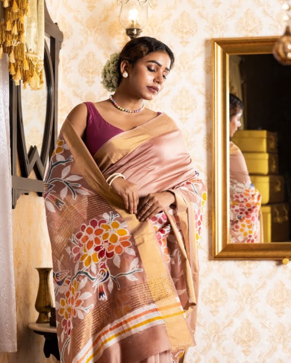 Nakshipar Multicolour Bird motif on Tussar Colour Chander Silk Saree