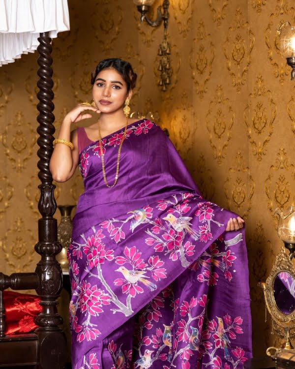 Fine Art pagely Batik with Bird Motif on Deep Violet 3 Ply Murshidabad Silk Saree