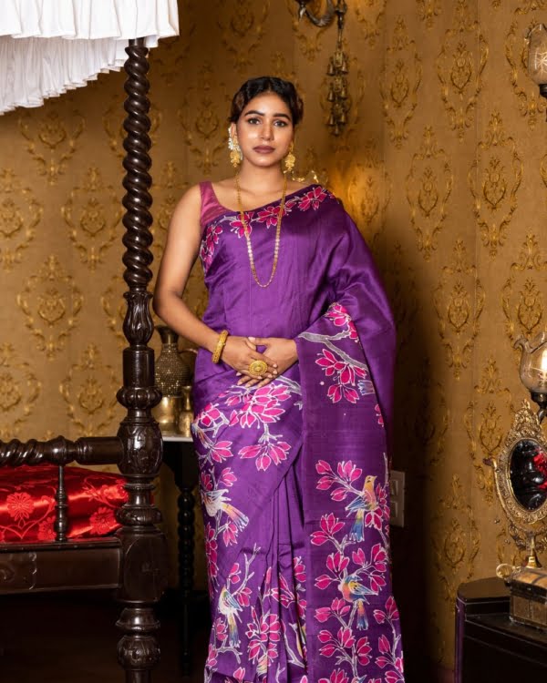 Fine Art pagely Batik with Bird Motif on Deep Violet 3 Ply Murshidabad Silk Saree