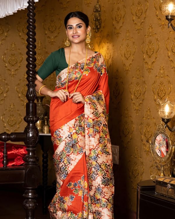 Fine Art Multicolour Floral Batik on Orange Colour 3 Ply Murshidabad Silk Saree