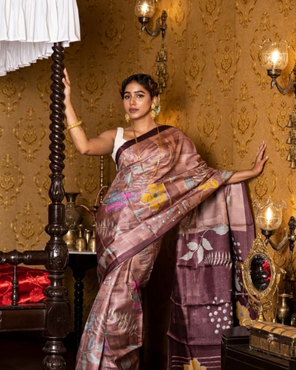 Pink, Yellow, Gray Floral Print on Brown Self Printed Tussar Saree