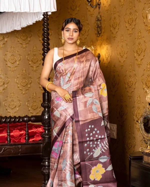 Pink, Yellow, Gray Floral Print on Brown Self Printed Tussar Saree