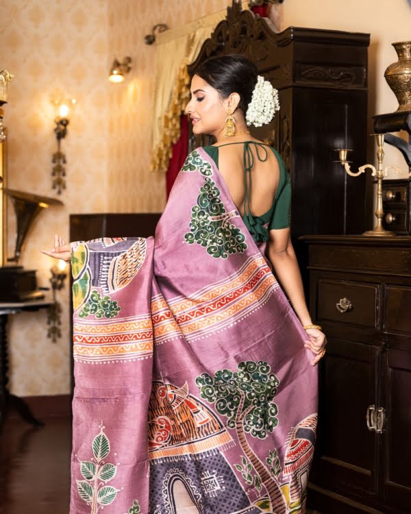 Fine Art Batik in Multicolour on Violet Pink 3 ply Murshidabad Silk Saree