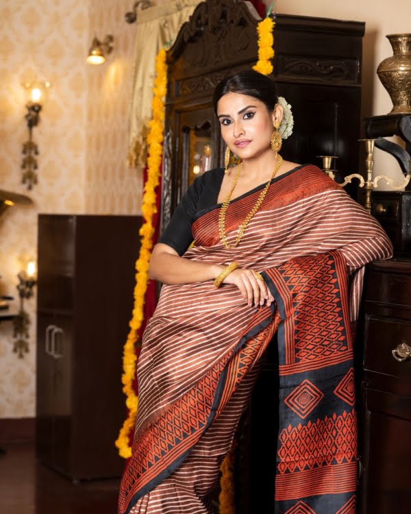 Black and Orange Printed Skirt Border on Brown Striped 3 Ply Murshidabad Silk Saree