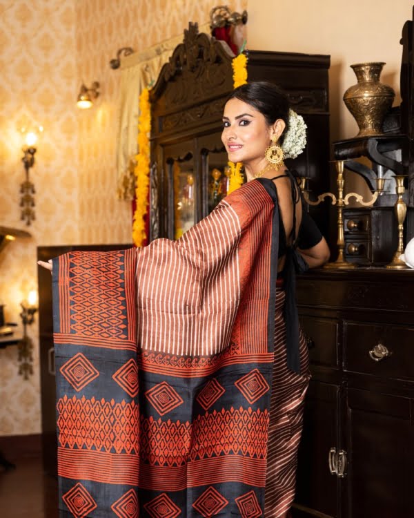 Black and Orange Printed Skirt Border on Brown Striped 3 Ply Murshidabad Silk Saree