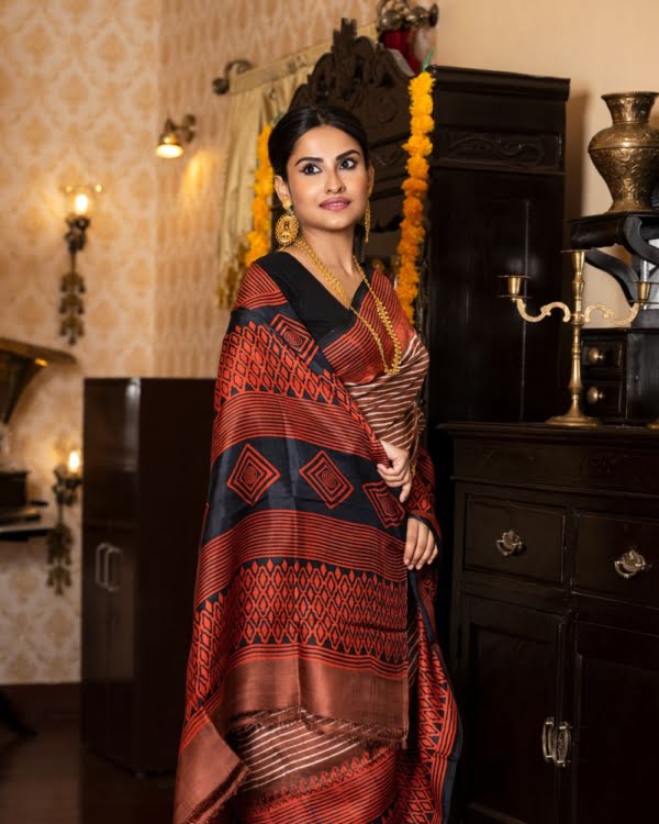 Black and Orange Printed Skirt Border on Brown Striped 3 Ply Murshidabad Silk Saree