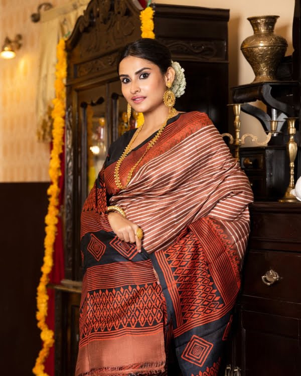 Black and Orange Printed Skirt Border on Brown Striped 3 Ply Murshidabad Silk Saree