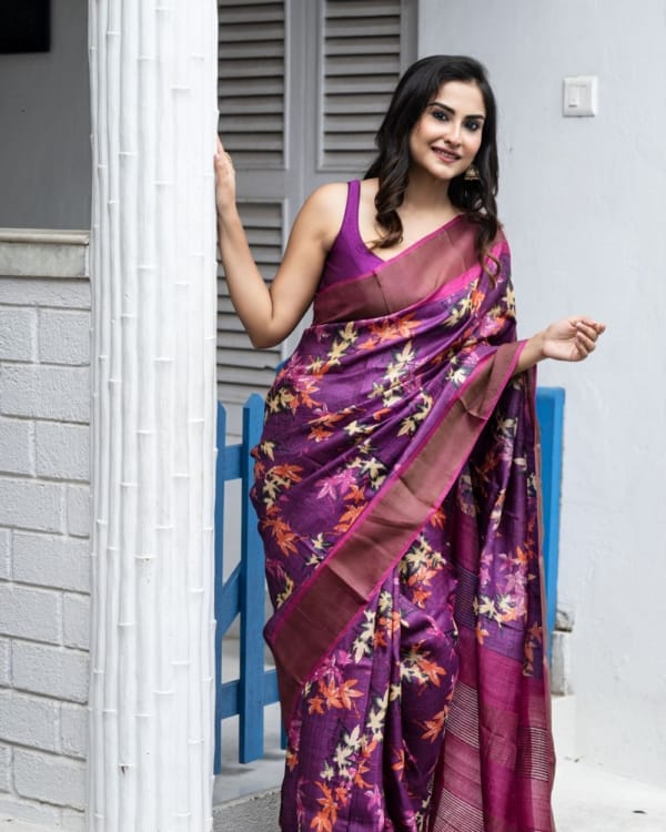 Nakshipar Multicolour Floral Print on Deep Magenta Zari Border Tussar Saree