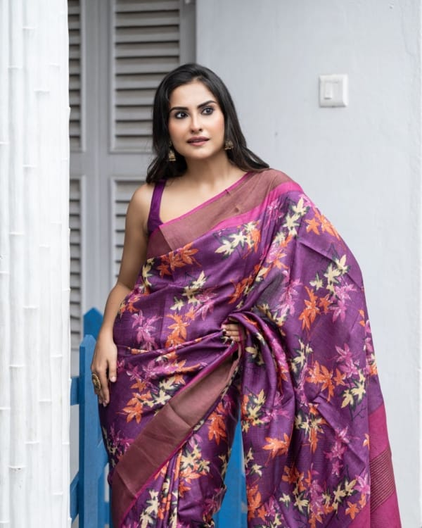 Nakshipar Multicolour Floral Print on Deep Magenta Zari Border Tussar Saree