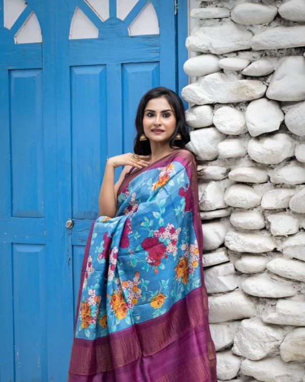 Nakshipar Multicolour Floral Print on Blue Zari Border Tussar Saree