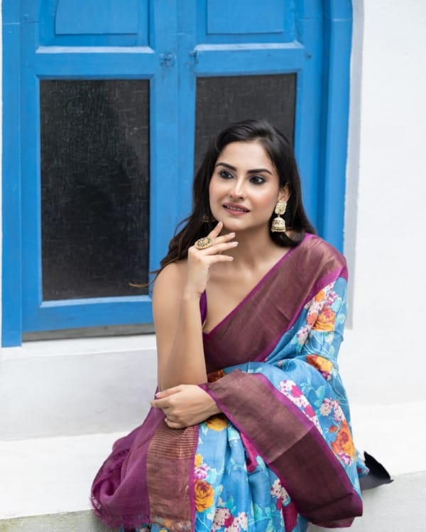 Nakshipar Multicolour Floral Print on Blue Zari Border Tussar Saree