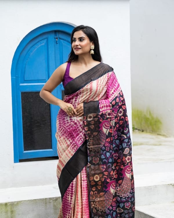 Tussar, Peach & Magenta Shivori Print with Multicolour Kalamkari Pallu Zari Border Tussar Saree