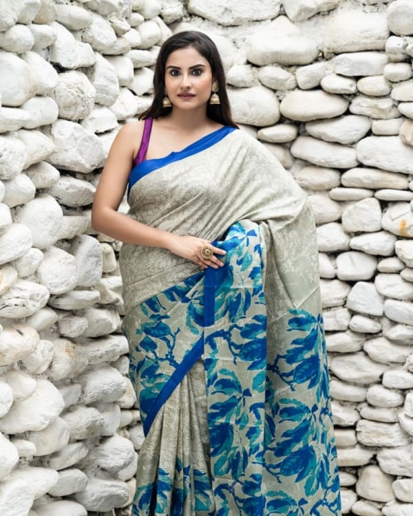 Nakshipar Sea Green and Blue Print on Gray Self Printed Tussar Saree