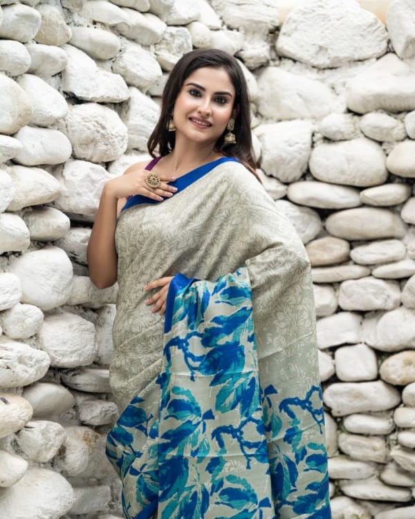 Nakshipar Sea Green and Blue Print on Gray Self Printed Tussar Saree